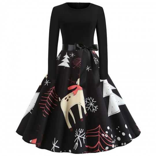 Damen festliches A-Linien Kleid mit weihnachtlichem Rentier-Print und Satin-Taillenband Shop Nory