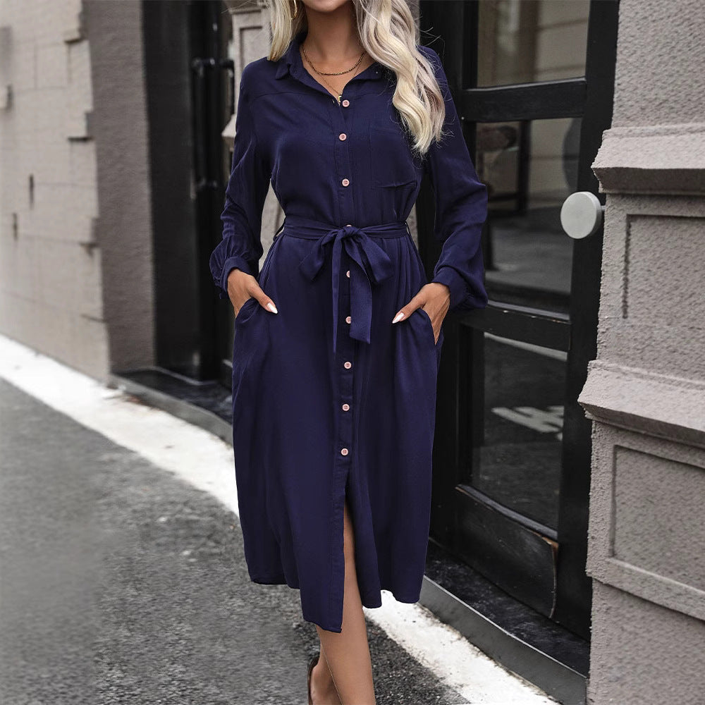 Damen Midikleid im Hemdblusenstil mit Bindegürtel, verdeckter Knopfleiste und hohem Beinschlitz Shop Nory