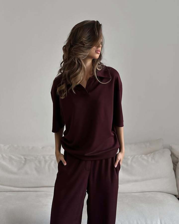 Damen Loungewear-Set mit offenem Polokragen und weiter Komforthose Shop Nory