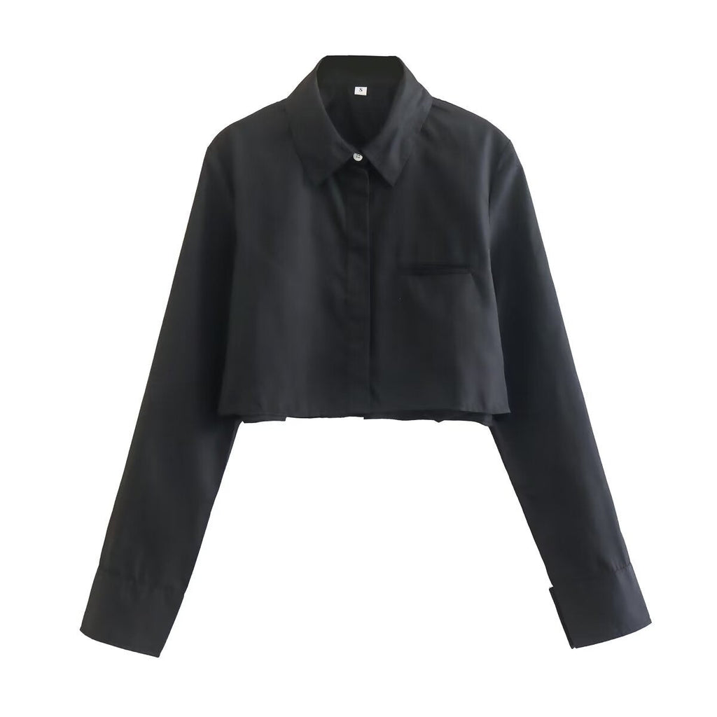 Damen cropped Bluse mit klassischem Kragen und praktischen Brusttaschen Shopnory