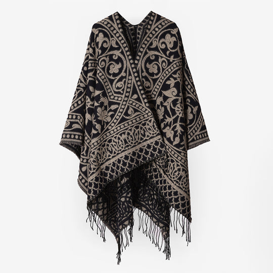 Damen Grobgewebter Rechteck‑Poncho mit orientalischem Medaillon‑Jacquard und dekorativem Fransensaum Shop Nory