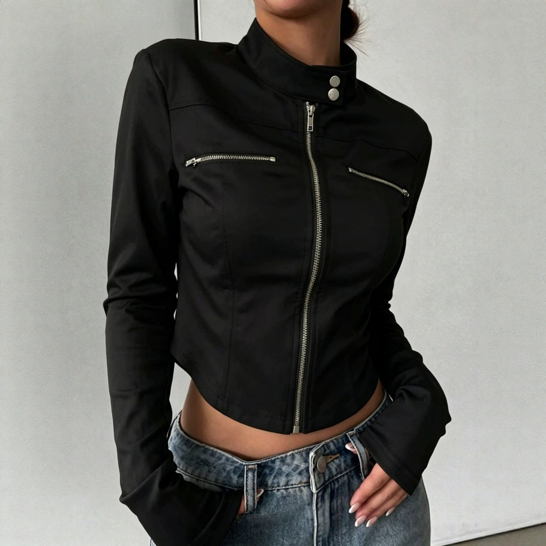 Damen Taillierte Bonded-Canvas-Bikerjacke mit Stehkragen und Brust-Reißverschlüssen Shop Nory