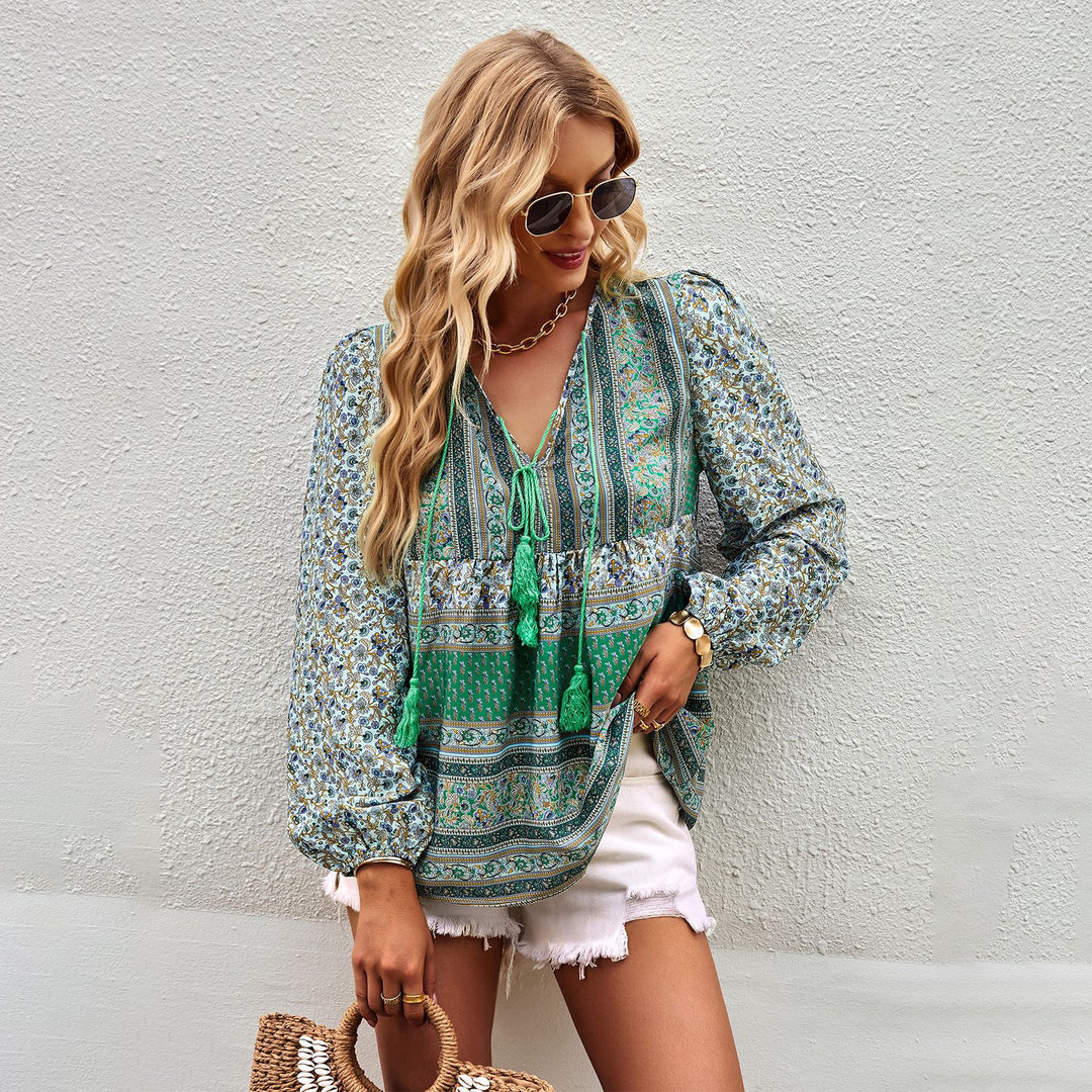 Damen nan lockere Boho-Tunika-Bluse mit V-Ausschnitt, Quasten-Tie und gerafften Ballonärmeln Shop Nory
