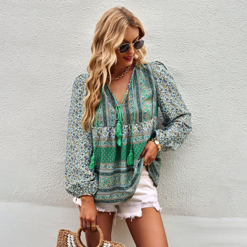 Damen nan lockere Boho-Tunika-Bluse mit V-Ausschnitt, Quasten-Tie und gerafften Ballonärmeln Shop Nory