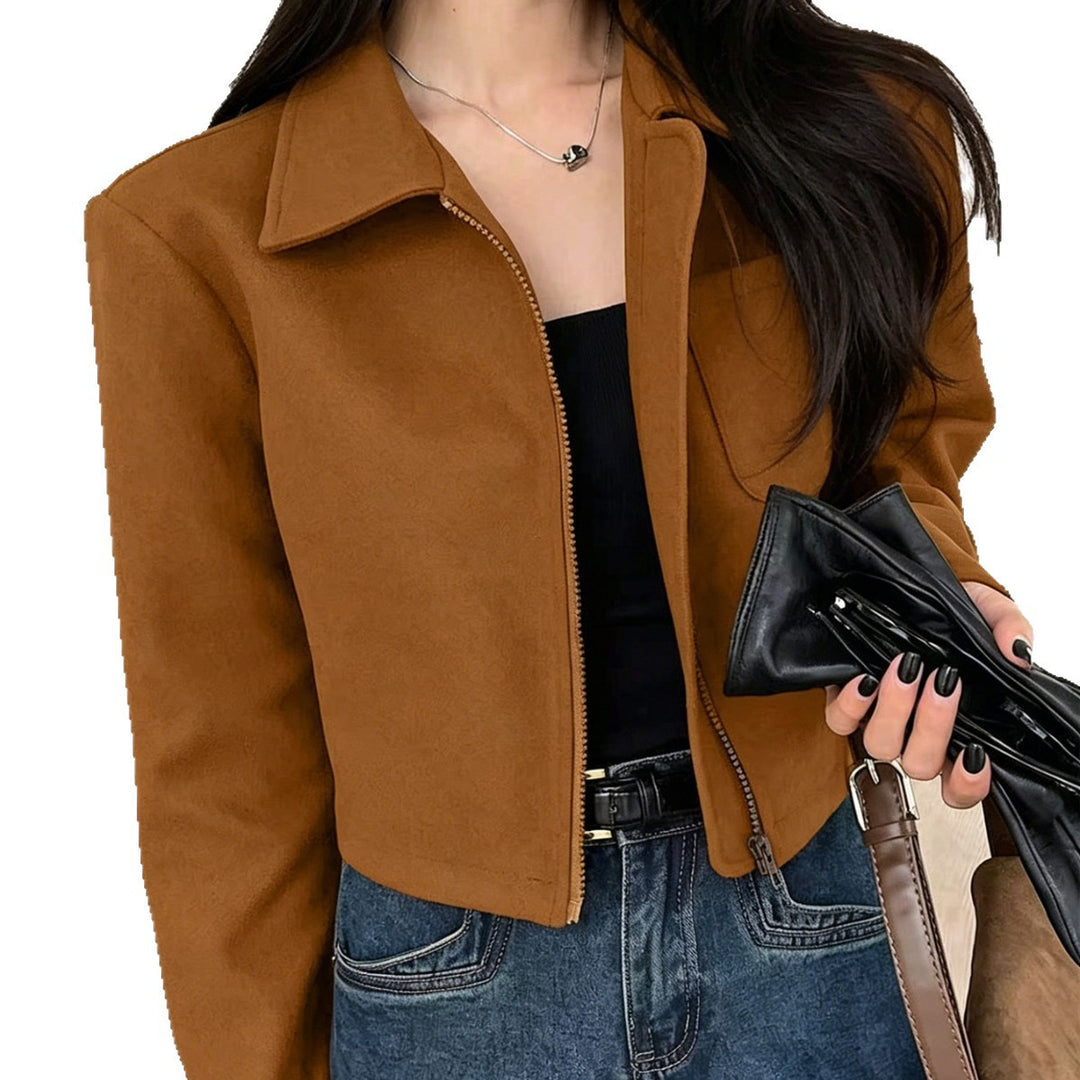Damen Kurzjacke aus Wildlederimitat mit Reißverschluss und Hemdkragen Shop Nory