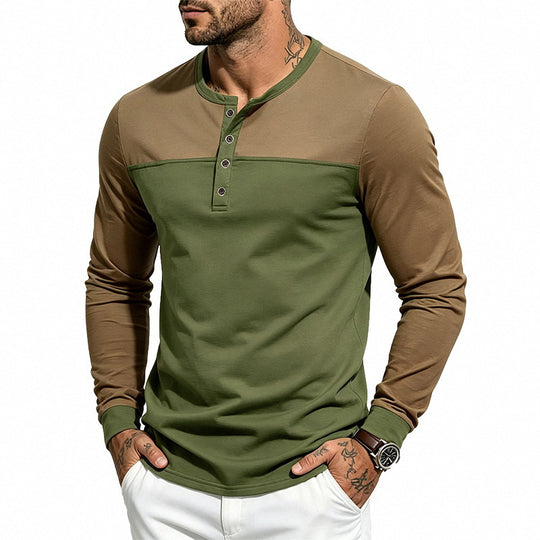 Herren Slim-Fit Henley-Langarmshirt mit Kontrastpaneel und Metallknopfleiste Shop Nory