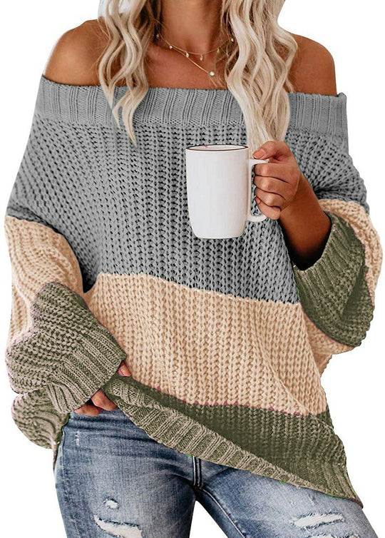 Damen Schulterfreier Oversize Blockstreifen Strickpullover Shop Nory