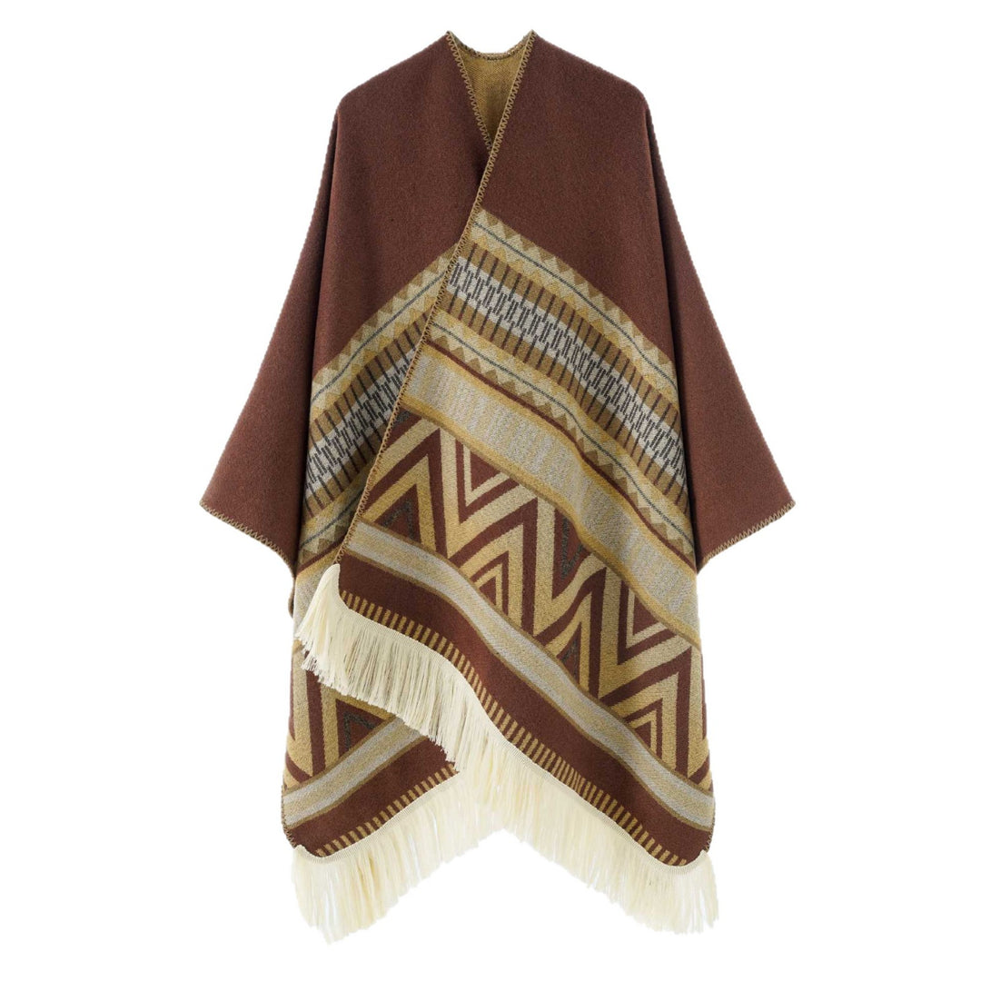 Damen Jacquard‑Ruana mit Fransen und folklorem Muster Shop Nory