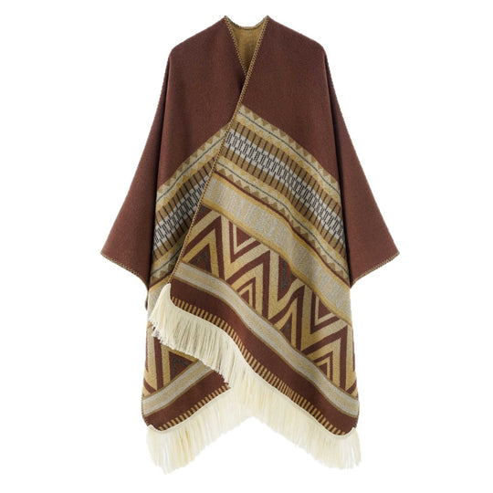 Damen Jacquard‑Ruana mit Fransen und folklorem Muster Shop Nory