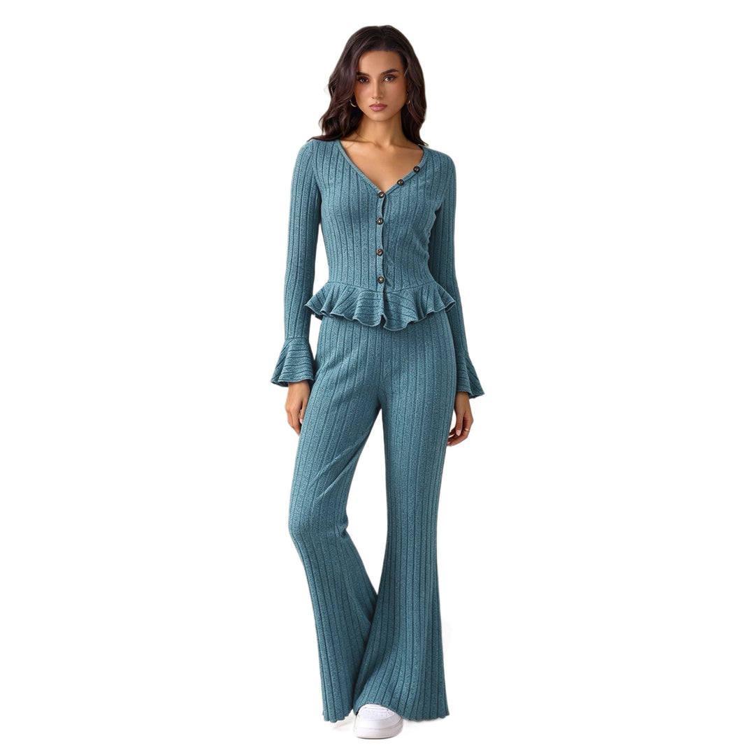 Damen feinstrukturiertes Rippstrick-Set mit tailliertem Knopfcardigan, Volant-Taillenpassform und ausgestellter Schlaghose Shop Nory