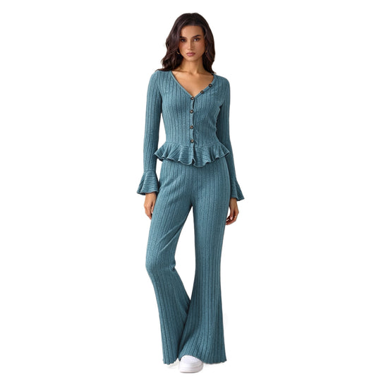 Damen feinstrukturiertes Rippstrick-Set mit tailliertem Knopfcardigan, Volant-Taillenpassform und ausgestellter Schlaghose Shop Nory