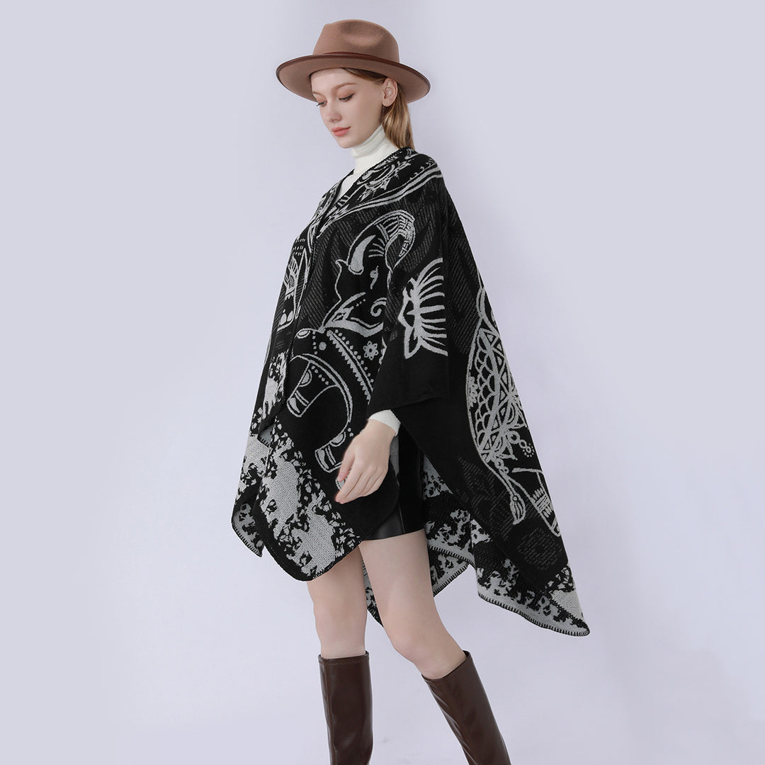 Damen Jacquard-Kimono-Cape aus Wollmix mit ornamentalen Tiermotiven Shop Nory