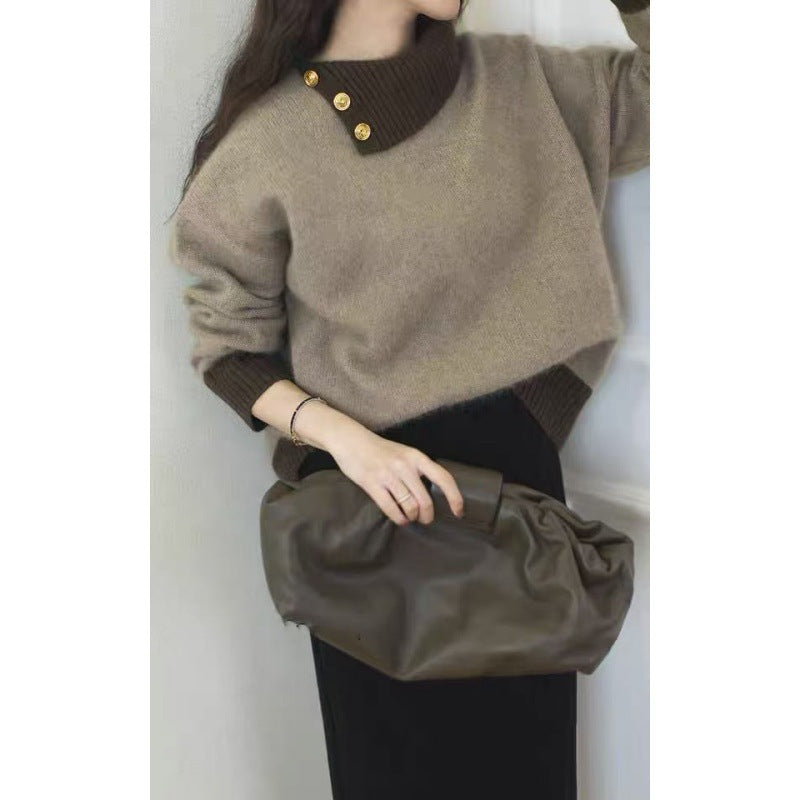 Damen Kurzgeschnitteter Pullover mit asymmetrischem Knopf‑Mockneck und Ballonärmeln Shop Nory