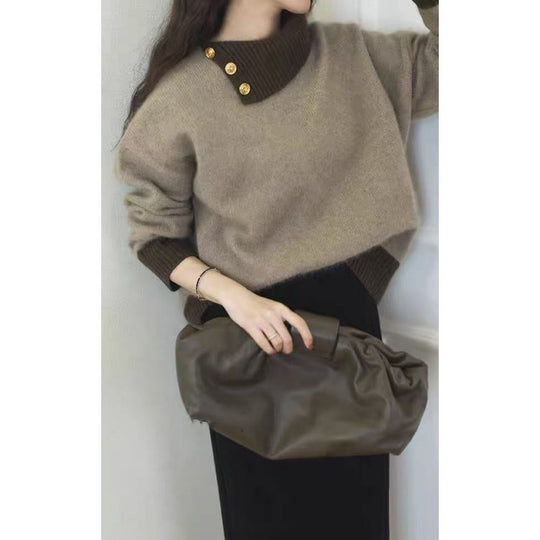 Damen Kurzgeschnitteter Pullover mit asymmetrischem Knopf‑Mockneck und Ballonärmeln Shop Nory