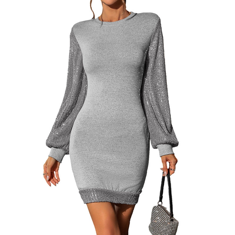 Damen Figurbetontes Strick-Minikleid mit Rundhalsausschnitt und Pailletten-Ballonärmeln Shop Nory