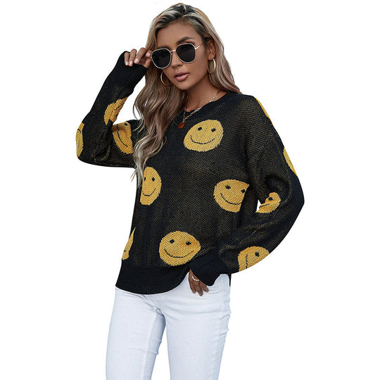 Damen lässiger Strickpullover mit Smiley‑Jacquard und Rundhalsausschnitt Shop Nory
