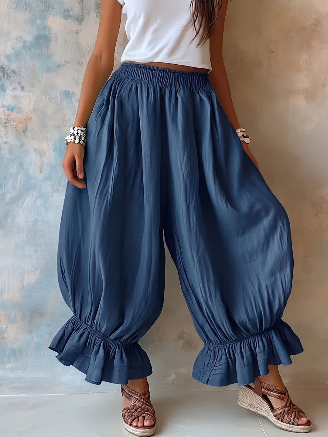 Damen Weite Haremshose mit Gummizug, gerafften Beinen und Volant-Saum Shop Nory