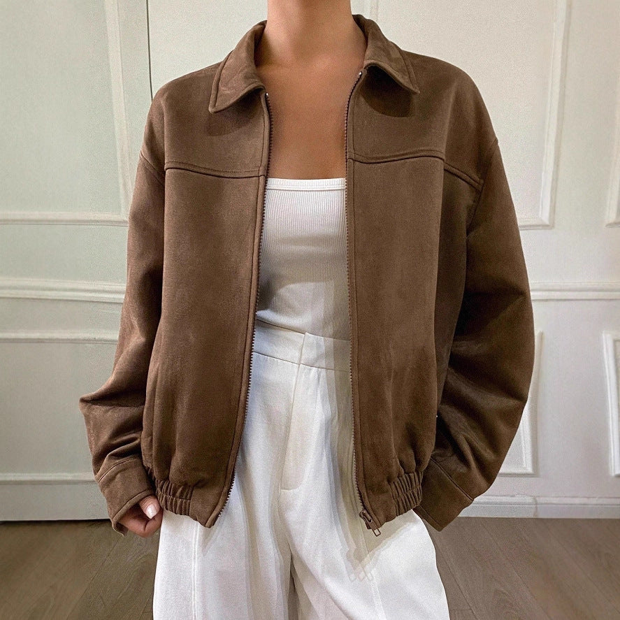 Damen Oversized Wildlederoptik Bomberjacke mit Reißverschluss und elastischem Saum Shop Nory