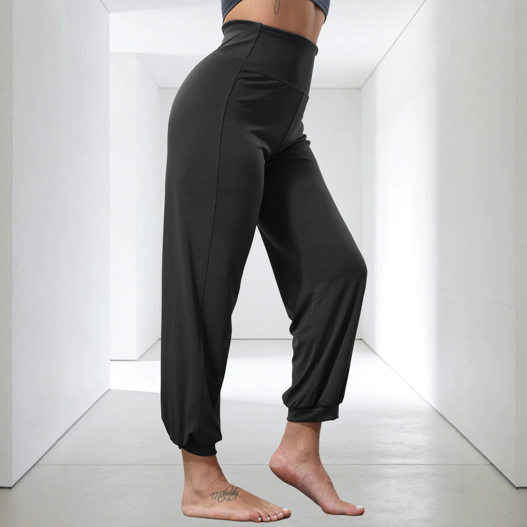 Damen weiche High-Waist Relax-Hose mit weitem Bein, elastischem Komfortbund und gekräuseltem Knöchelabschluss Shopy Nory