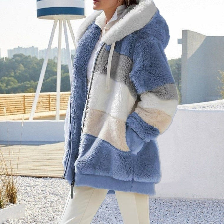 Damen nan Oversize Teddyfell-Kapuzenjacke mit Farbblock-Streifen, hochwertigem Reißverschluss und gerippten Bündchen Shop Nory