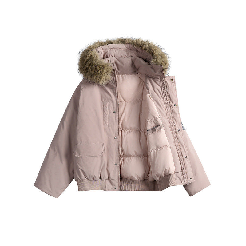 Damen Kurz-Bomberjacke mit Thermowattierung, Kapuze mit abnehmbarem Kunstfell und Utility-Taschen Shop Nory