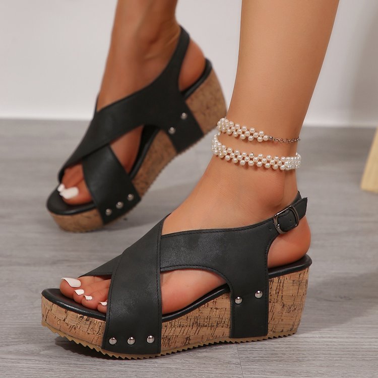 Damen Keil-Sandalen mit verstellbarem Riemen und Korksohle
