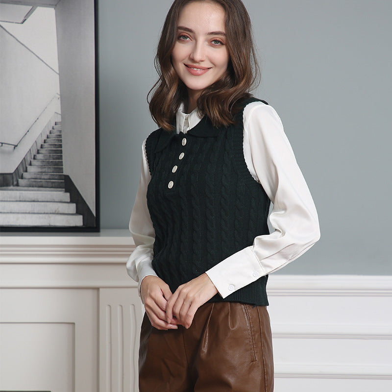 Damen Feinstrick-Ärmellose Polo-Weste mit Zopfmuster und tailliertem Schnitt Shop Nory