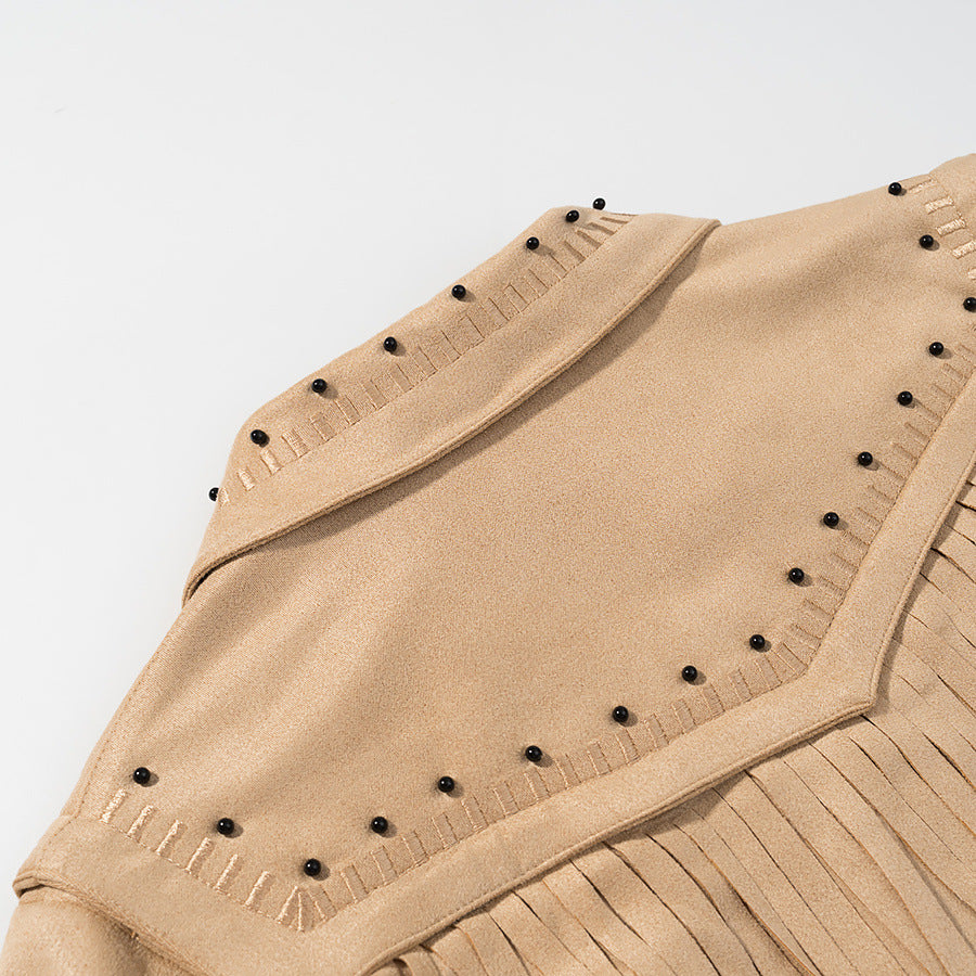 Damen Kurze Fransen-Suedejacke im Westernstil mit Nietenbesatz und Frontreißverschluss Shop Nory