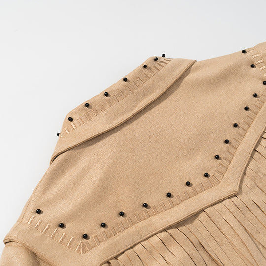 Damen Kurze Fransen-Suedejacke im Westernstil mit Nietenbesatz und Frontreißverschluss Shop Nory