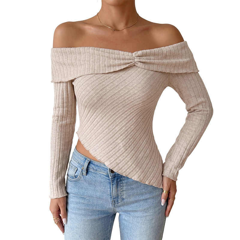 Damen Schulterfreies asymmetrisches Rippstrick-Top mit Knotenpasse Shop Nory
