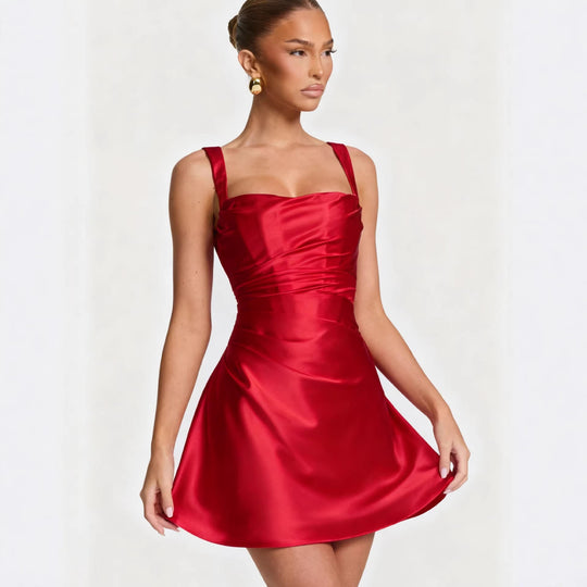 Damen Elegantes Cocktailkleid mit schickem Quadrat-Ausschnitt und fließendem Satin