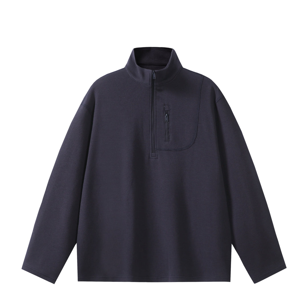 Unisex Leichter Waffelstrick-Halbzip-Pullover mit Stehkragen und Brustzippertasche Shop Nory