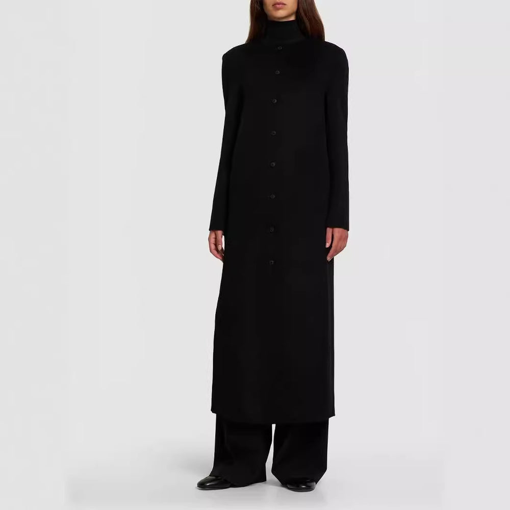 Damen Langer Minimalistischer Stehkragenmantel aus Wollmix mit verdeckter Knopfleiste Shop Nory