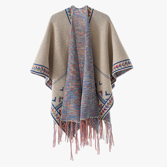 Damen Grobstrick-Poncho mit eingewebter Ethno‑Bordüre und Fransen Shop Nory