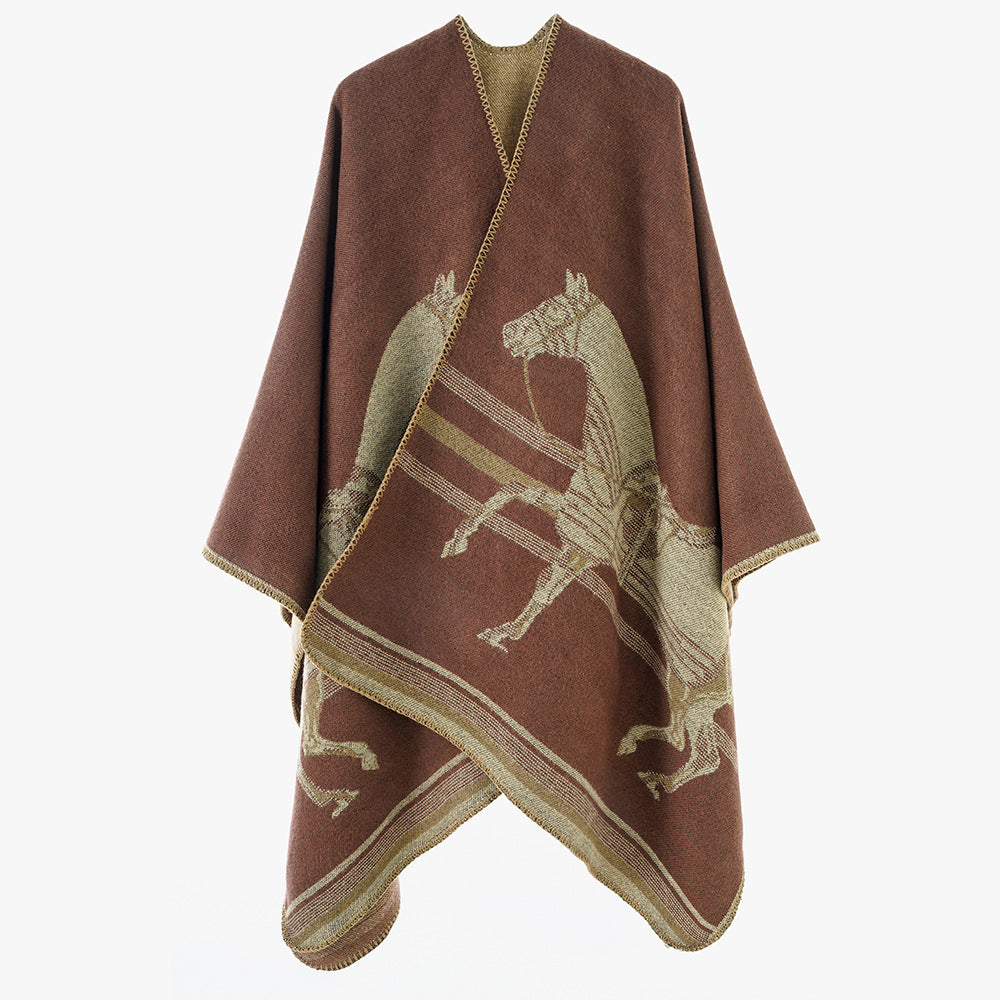 Damen Poncho-Cape aus Wollmix mit gewebtem Pferde-Jacquard und kontrastkettelung Shop Nory