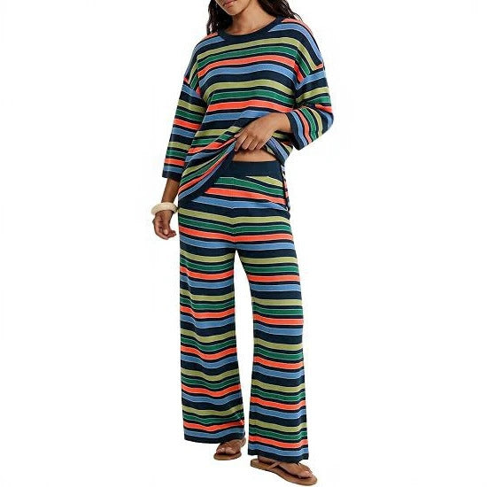 Damen Gestreiftes Lounge-Set aus leichtem Strick mit weitem Bein und 3/4-Ärmeln Shop Nory