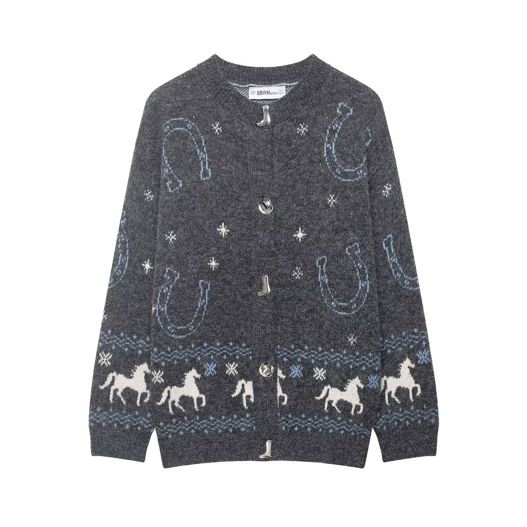 Damen Strickcardigan mit Pferde- und Hufeisen-Jacquard sowie dekorativen Stiefelknöpfen Shop Nory