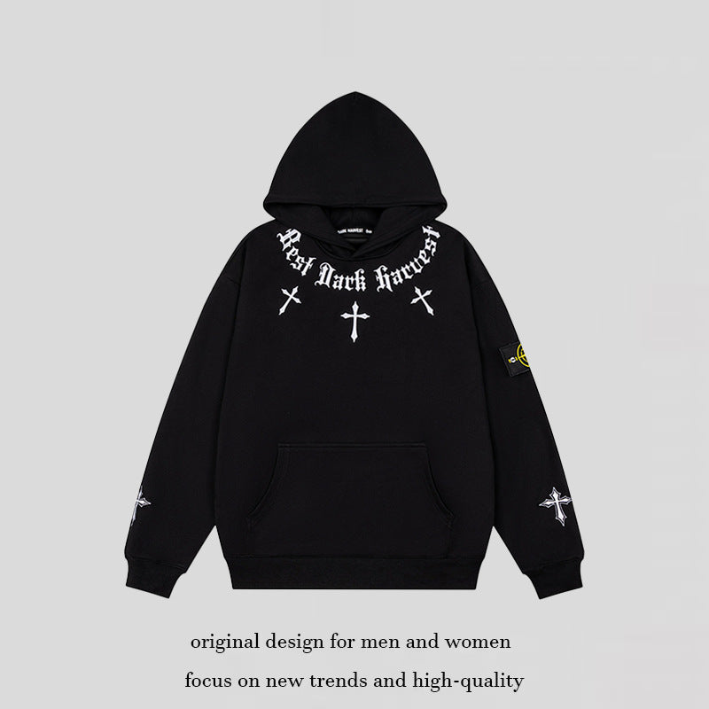 Unisex Oversize Kapuzenpullover mit Gothic-Kreuz-Print, Kängurutasche und Rippbündchen Shop Nory
