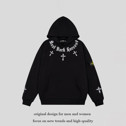Unisex Oversize Kapuzenpullover mit Gothic-Kreuz-Print, Kängurutasche und Rippbündchen Shop Nory