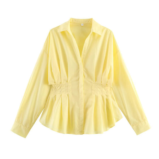 Damen Taillierte Bluse mit Kellerfalten, Eingearbeitetem Tunnelzug und Hemdkragen Shop Nory