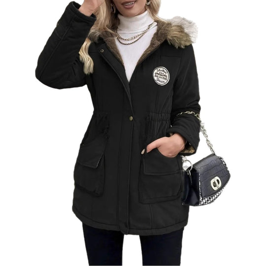 Damen taillierter Parka mit Teddyfutter, Kunstfellkapuze und Multifunktions-Taschen Shop Nory