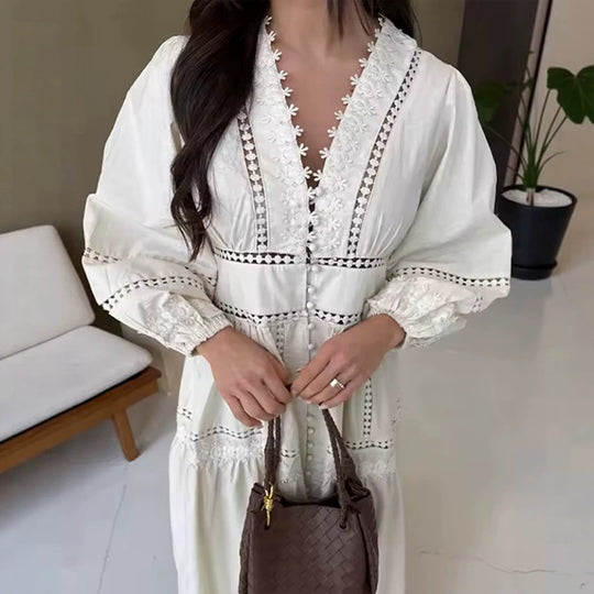 Damen Maxikleid im Boho‑Stil mit Spitzeneinsätzen, Knopfleiste und Ballonärmeln Shop Nory