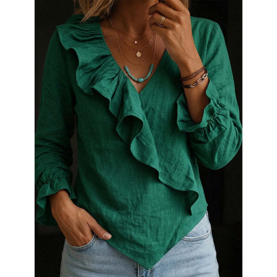 Damen Volant‑Bluse im Leinenlook mit Wickeloptik und asymmetrischem Zipfelsaum Shop Nory