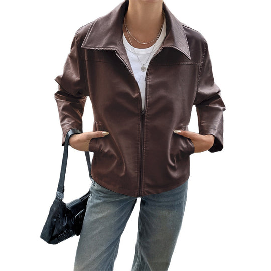 Damen nan elegante Kunstlederjacke mit Reißverschluss, Hemdkragen und Eingrifftaschen Shop Nory