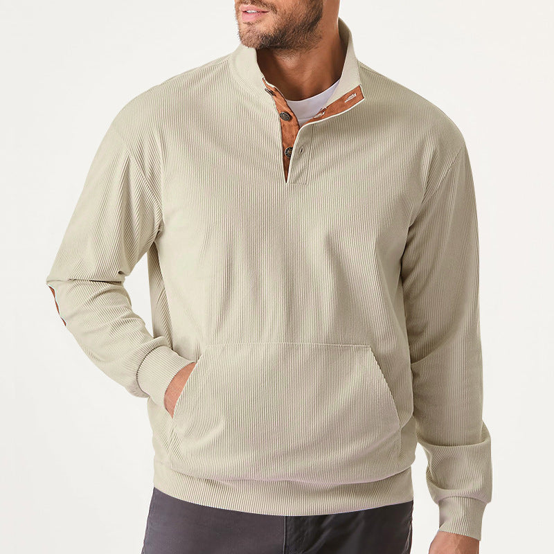 Herren Strukturiertes Ripp-Henley-Sweatshirt mit Stehkragen, Kängurutasche & Velours-Ellbogenpatches Shop Nory