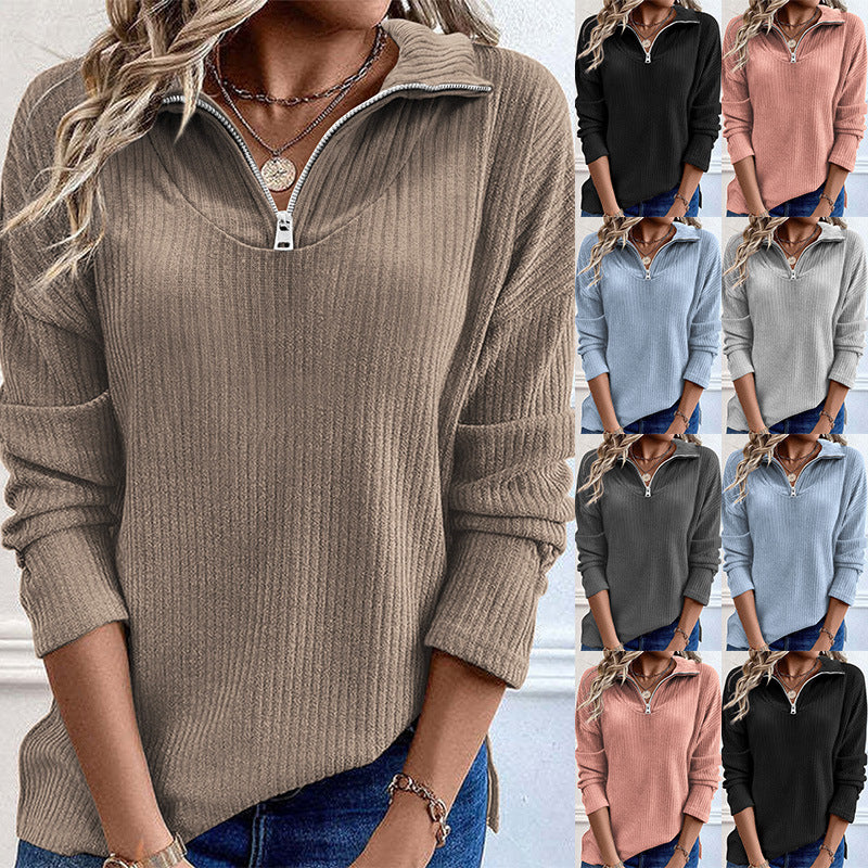 Damen Rippstrick Feinstrickpullover mit halbem Reißverschluss und Stehkragen Shop Nory