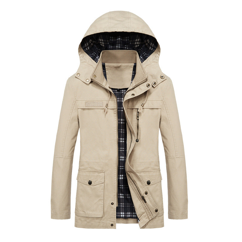 Herren Canvas-Fieldparka mit Kapuze, kariertem Innenfutter und Multifunktionstaschen Shop Nory