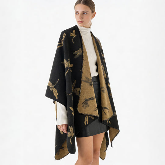Damen Wollmix-Poncho mit Libellen-Jacquard und offenem Wasserfall-Schnitt Shop Nory