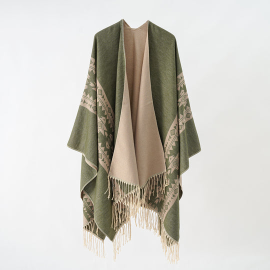 Damen Kaschmir‑Optik Überwurfponcho mit geometrischer Bordüren‑Jacquard und Fransen Shop Nory