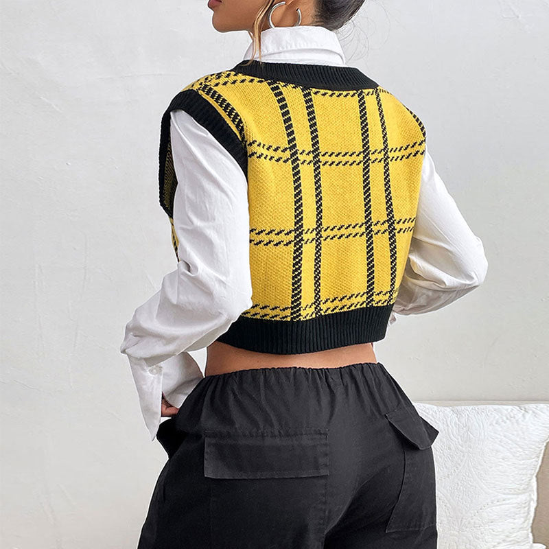 Damen Kurzgeschnittener Strickpullunder mit tiefem V-Ausschnitt und Glencheck-Karo Shop Nory